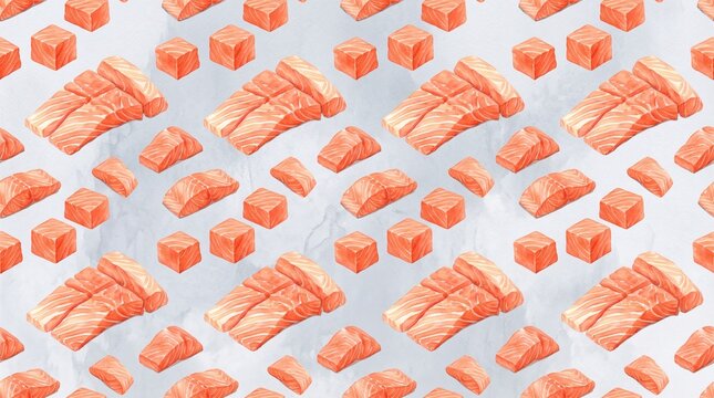 Salmon pieces form a repeating pattern across a light blue textured culinary background surface.