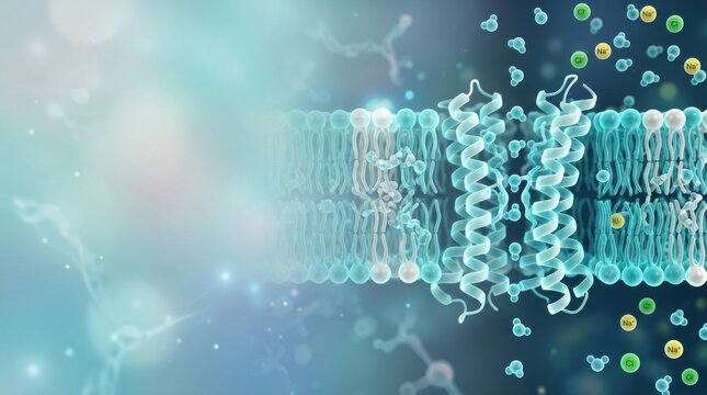 3D visualization of cellular membrane lipid bilayer with embedded protein transport channels