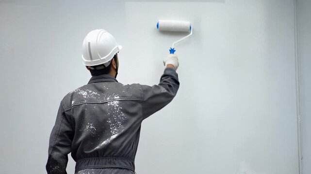男性作業員が白いヘルメットと濃灰色の作業着で白壁をローラー塗装する