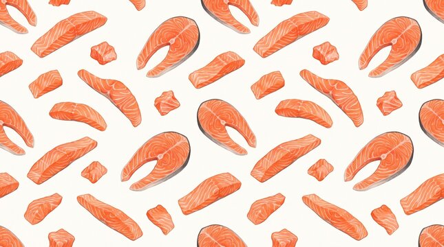 Salmon pattern features watercolor illustrations of fresh raw fish steaks and fillets on a transparent background.