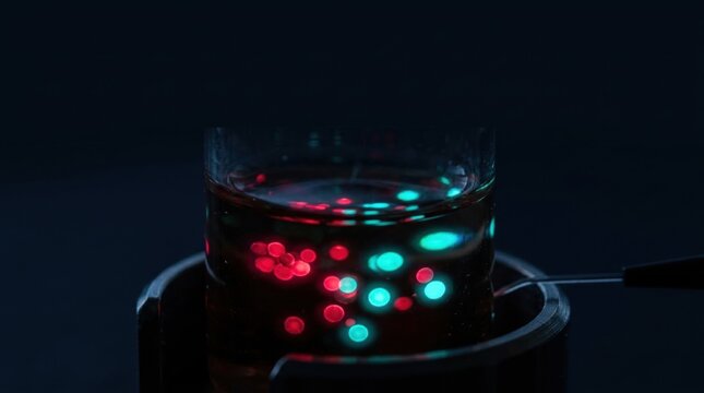 Semiconductor quantum dot nanocrystals glowing in red and green in glass beaker