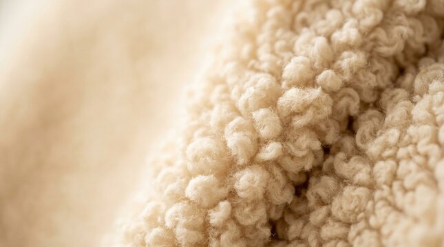 Macro texture of soft warm cream sherpa fleece curly faux sheepskin wool fabric