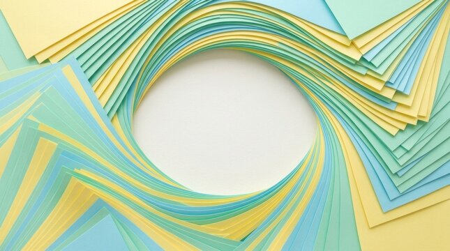 Abstract circular layers of yellow and turquoise curved craft paper sheets creating frame