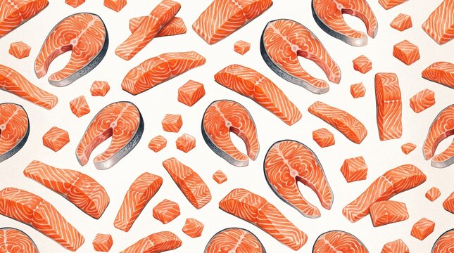 Salmon steaks and fillets create a repeated culinary composition rendered in watercolor.