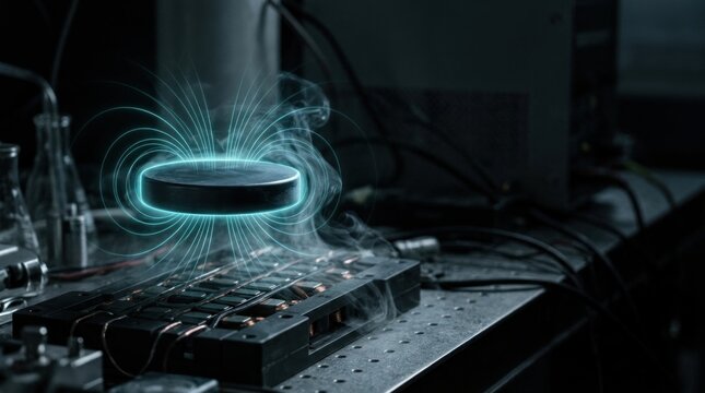 High-tech superconductor disc levitating with quantum magnetic glow in laboratory