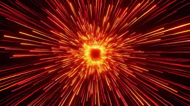 漆黒の空間で赤橙色の発光核から鋭い光線と火花が全方向へ放射する