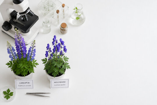 Potted larkspur and wolfsbane plants with microscope and glass vials on lab bench, herbal medicine concept.