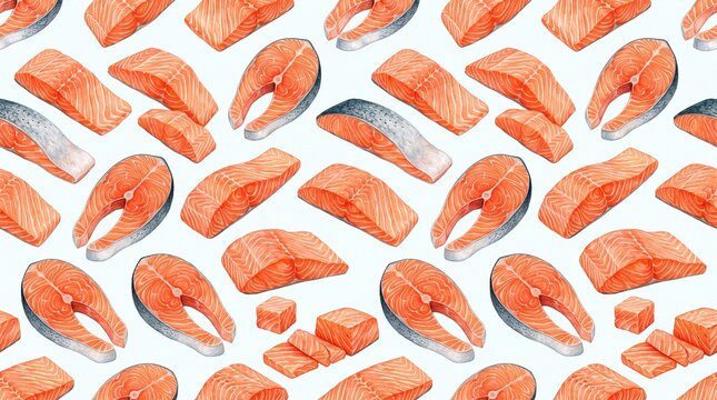 Salmon fillets and steaks displayed in a seamless culinary pattern over a light surface.