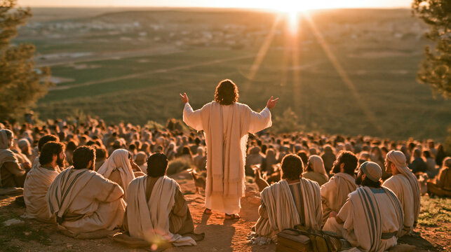 Sermon on the Mount: A spiritual leader, illuminated by the setting sun, delivers a profound message to a devoted congregation gathered on a hillside, embodying faith and guidance.