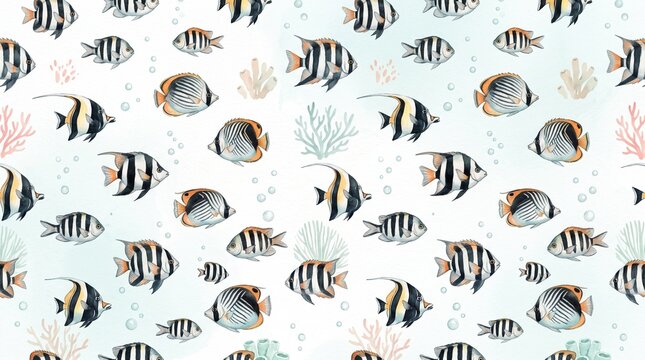 Tropical fish swimming among coral in a seamless watercolor pattern against a pale background.