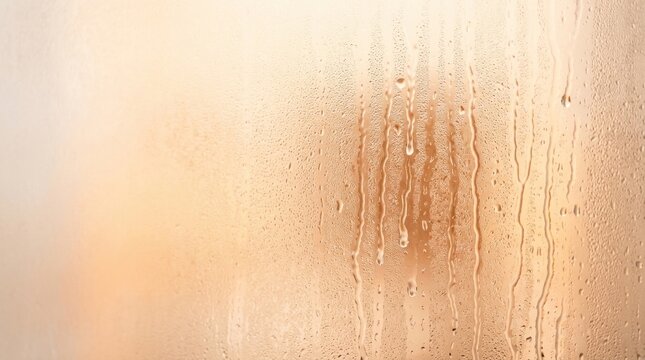 Water droplets trickling down frosted glass windowpane against warm golden bokeh light