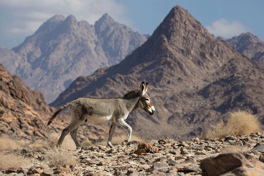 wild donkey trotting across rocky terrain with mountain backdrop