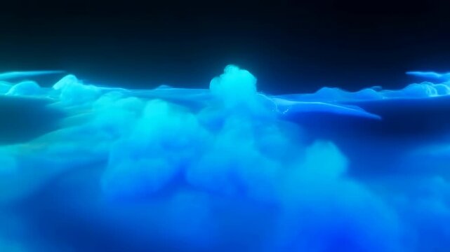 Glowing cyan and blue cloudlike forms billow across deep black background, swelling into layered rolling shapes as bright horizontal streaks spread through luminous abstract motion