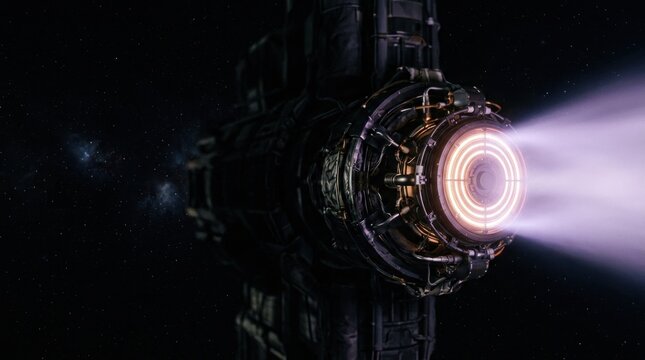 Futuristic xenon ion engine thruster firing glowing violet plasma beam in deep space