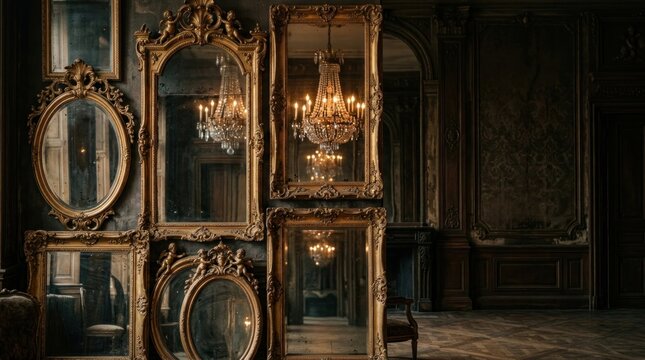 Row of ornate antique gilded gold rococo mirrors reflecting warm chandelier candlelight