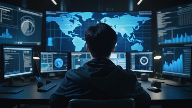 男性が暗い情報分析センターで世界地図を映す巨大画面と複数モニターを監視する