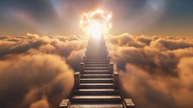 黄金色の雲海に巨大な石造りの階段が伸び先端で眩しい太陽が輝く