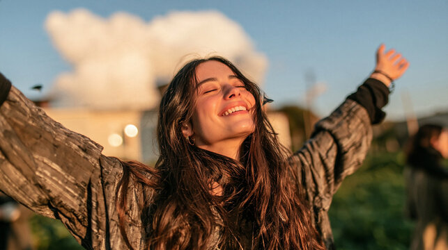 Joyful Freedom in Sunlight: A young woman with long, flowing hair embraces the warmth of the sun, her arms outstretched in a gesture of pure bliss and liberation.