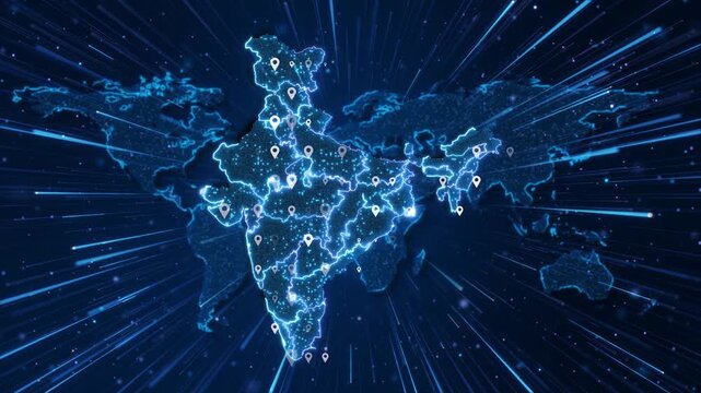 Bright location markers digital India map luminous world outlines. logistics presentations, delivery coverage explainers, regional business planning, distribution reports, service expansion geographic