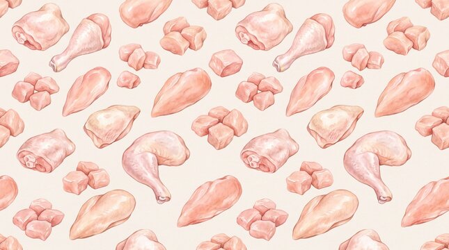 Raw chicken pieces pattern presents breasts and legs arranged across a neutral beige colored surface.
