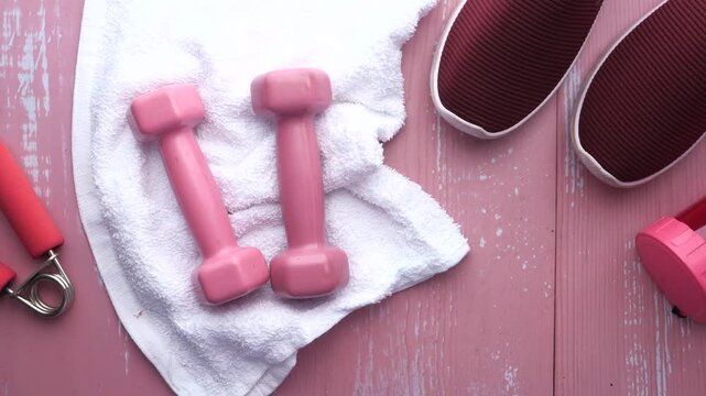 Overhead view of fitness equipment including pink dumbbells and sneakers on wooden background with white towel and shaker bottle