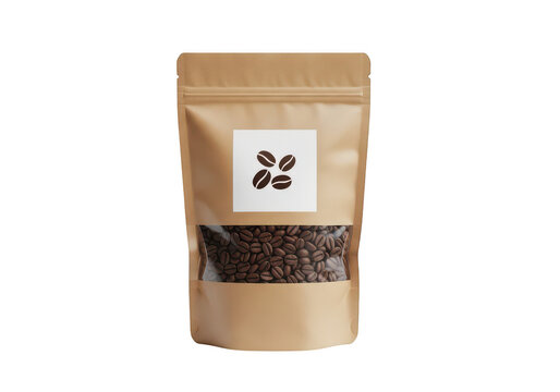 Brown kraft paper coffee bean bag isolated on transparent background