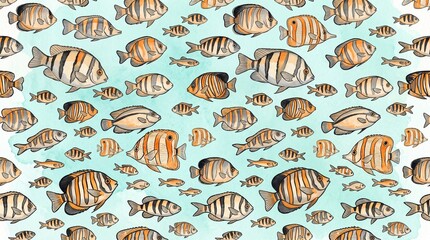Illustration displays a repeating pattern of colorful tropical fish swimming across a light background.
