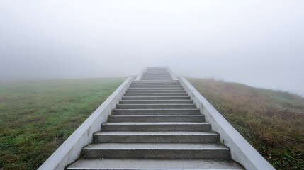 Obraz premium Concrete staircase disappearing into dense fog across grassy landscape.