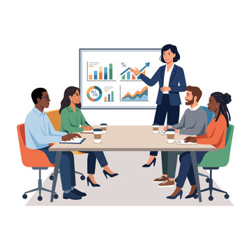 Business leader presenting financial growth strategy and data analytics report to diverse corporate team