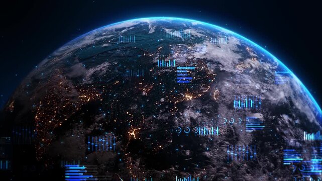 Digital charts hover continents, Earth connected global information hub. international trade financial reporting, market analysis, corporate strategy, worldwide data intelligence presentations.