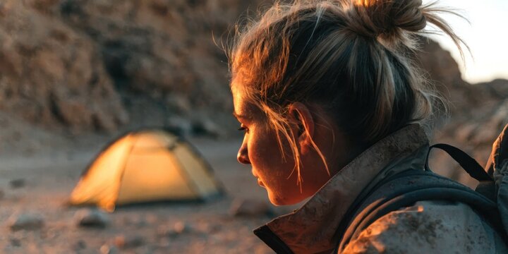 Solo female backpacker lifestyle concept. Woman with backpack camping outdoors near illuminated tent at dusk in rocky terrain