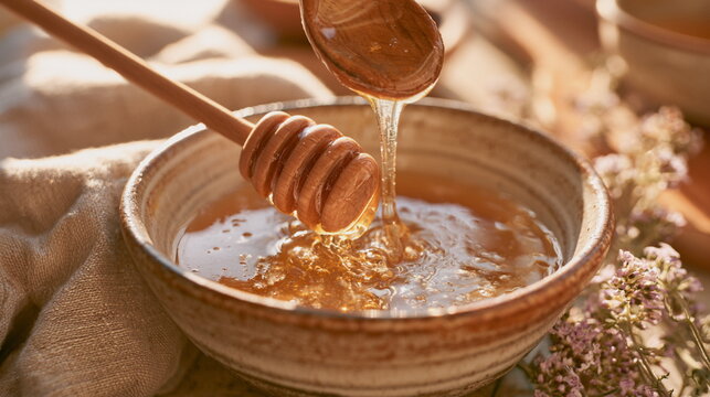 Golden honey flowing from a wooden dipper into a bowl, warm natural light and rustic textures create a cozy food, farm and wellness scene at home now.