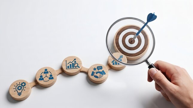 Magnifying Glass Focusing on Bullseye Target with Business Strategy Steps on Wooden Blocks