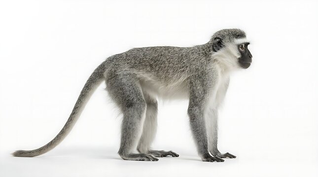 A small green monkey standing and looking to the side in a clear profile view showing its long tail and fur texture