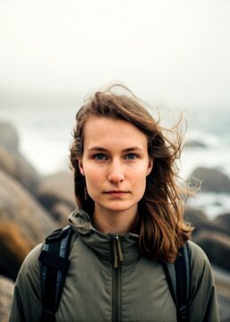 Solo female backpacker lifestyle concept. Young woman with windblown hair wearing a green jacket and backpack, standing outdoors near rocky coastline on a cloudy day.