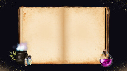 Open magic spellbook background presentation with potion bottle and cauldron © SADANAN
