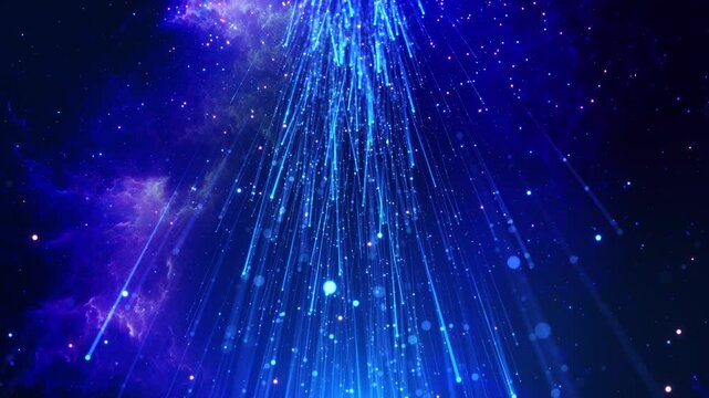 Cyan energy beams a cosmic scene tiny particle points purple haze. futuristic title sequences, concert projections, digital art displays, fantasy trailers, immersive visuals a radiant celestial theme.