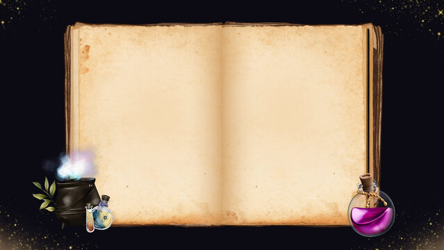 Open magic spellbook background presentation with potion bottle and cauldron