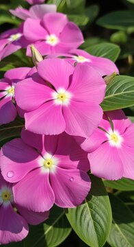 Radiant Pink Vinca Flowers in Full Bloom with Green Leaves.