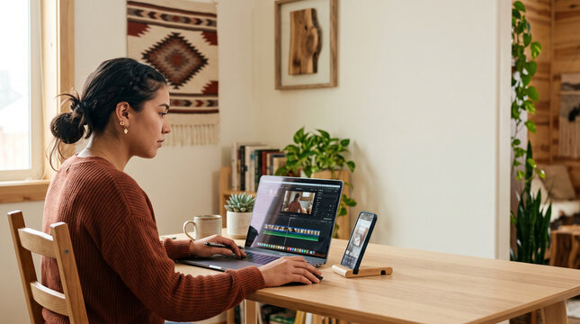 young woman working on video editing laptop at home office desk