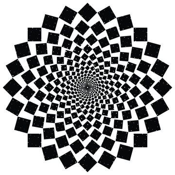 Black and white optical illusion halftone spiral element isolated on white background, geometric radial square rosette vector for logo and icon design.