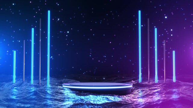 Light tubes frame a round presentation platform floor. virtual event screens, gaming promos, digital product reveals, brand campaigns, dramatic stage visuals with clear central display space.