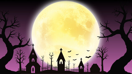 Spooky graveyard silhouette background presentation with giant glowing full moon © SADANAN
