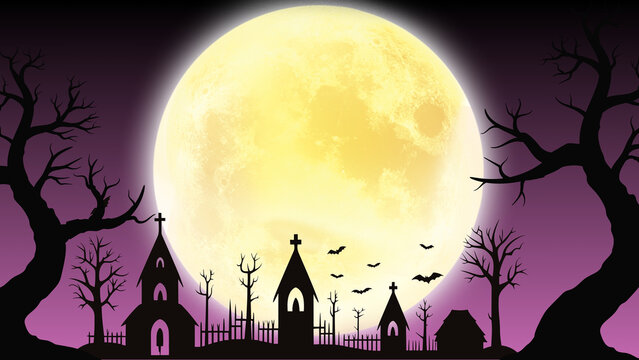 Spooky graveyard silhouette background presentation with giant glowing full moon