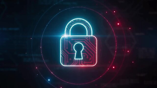 Static shot of glowing digital padlock icon with circuit lines on dark technical background
