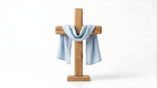 A simple wooden christian cross with a light blue fabric cloth draped over it representing peace and resurrection