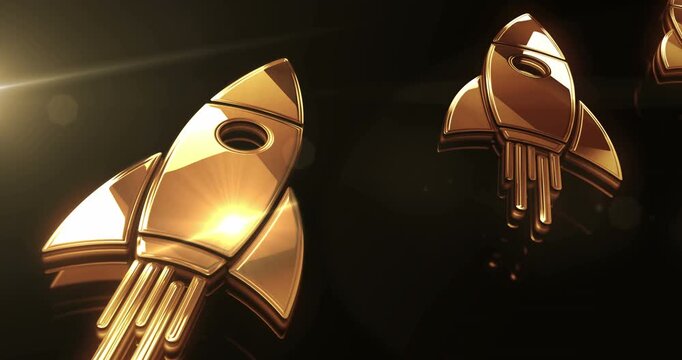Startup business rocket launch golden metal shine symbol concept. Spectacular glowing and reflection light icon abstract. Seamless and looped 3d animation.