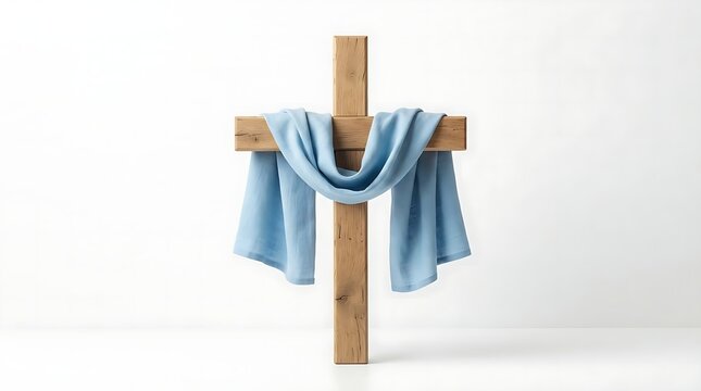 A simple wooden cross with a light blue cloth draped over it representing faith and hope in a religious context