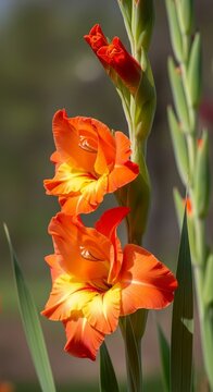 Vibrant Orange Gladiolus Blooms in Natural Light.
