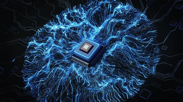 Processor bright blue signal paths creates a detailed electronic computing . chip technology presentations, AI inference explainers, digital infrastructure , advanced hardware innovation campaigns.